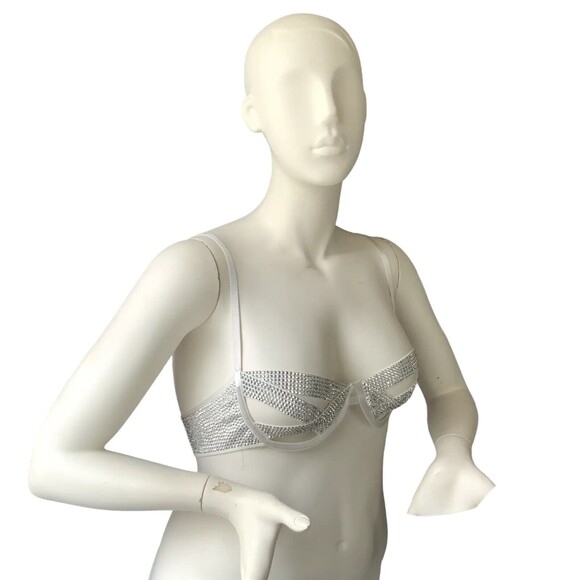 Banjul Rhinestone Embellished Swim Top White Zip Back  L - Picture 12 of 12